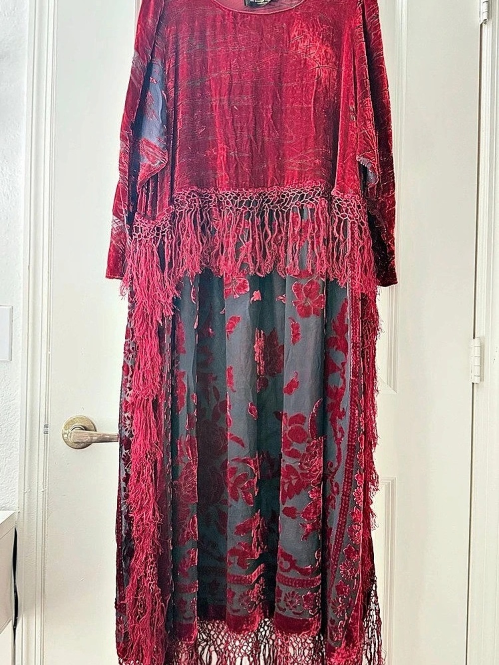 Vintage Burnout Velvet Duster Kimono With Fringed detailing